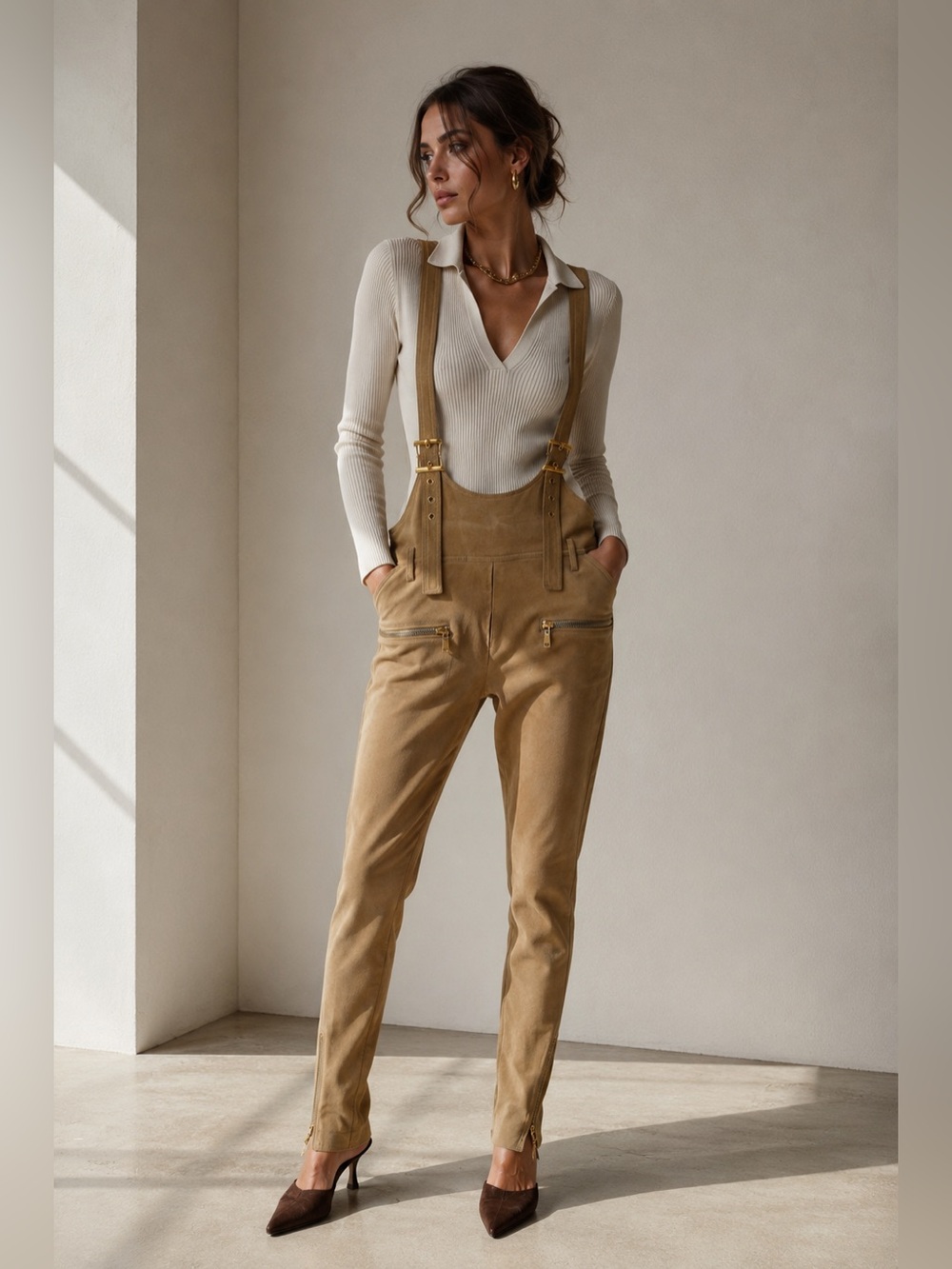 Emilio Pucci Tan Lambskin Suede Leather Suspender Overalls Italy US 4